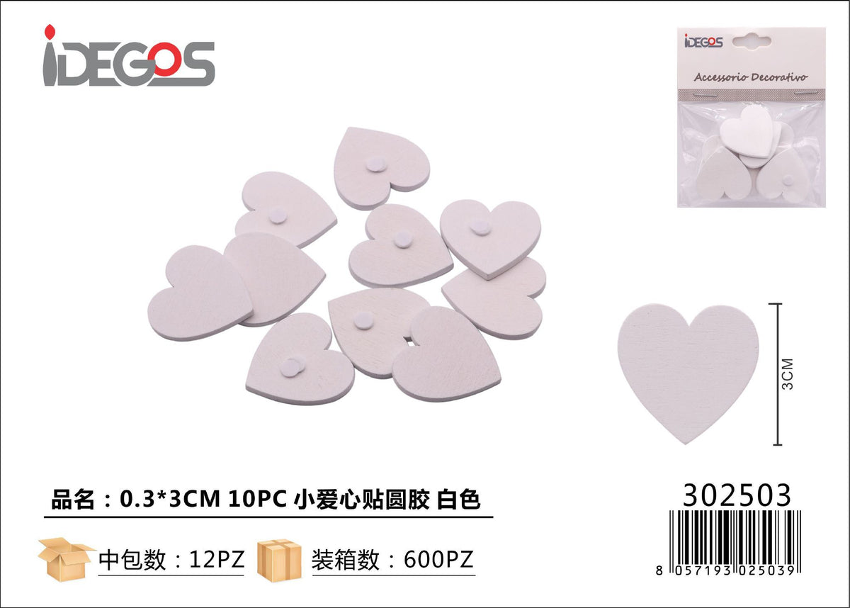 Set di 10 cuoricini adesivi in legno, 0,3 x 3 cm