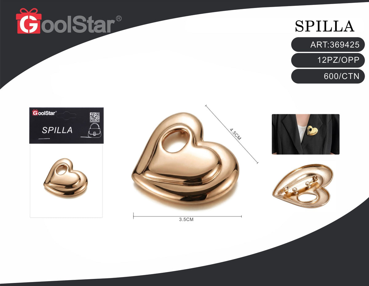Spilla a cuore 60671, finitura dorata, 3,5 × 4,5 cm