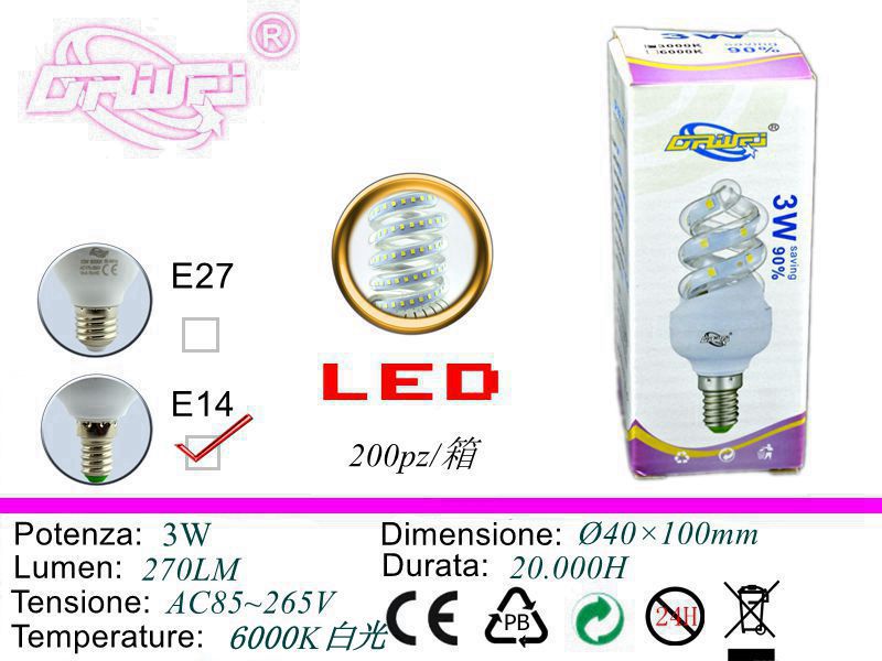 Lampadina LED a risparmio energetico — 3 W, E14