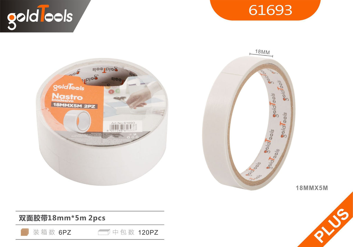 Nastro biadesivo, confezione da 2 rotoli, 18mm x 5m