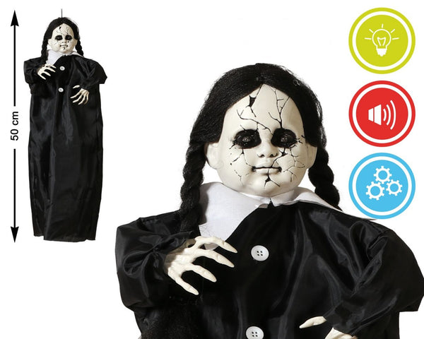 Bambola Halloween da appendere con luce, suono e movimento
