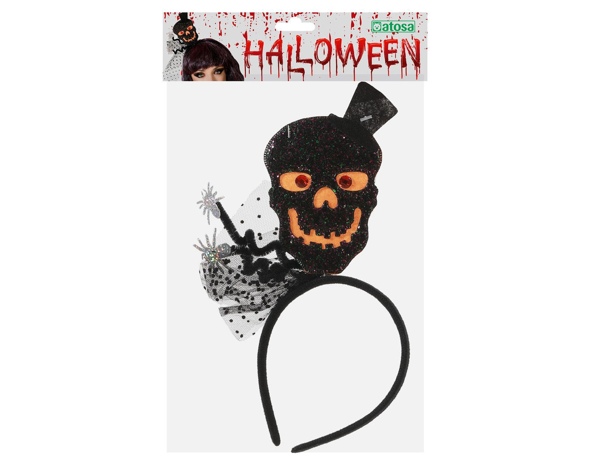 Cerchietto Halloween con teschio, cappello e ragni