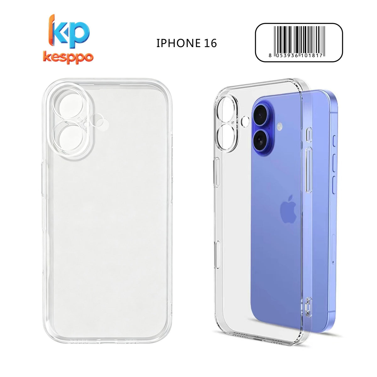 Custodia per iPhone 16 – trasparente, in silicone, con aperture sagomate