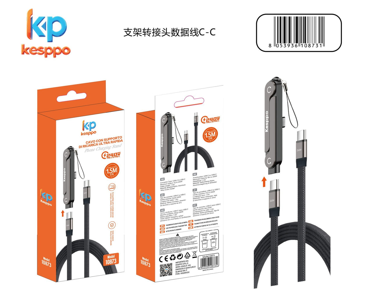 Cavo di ricarica USB-C / USB-C 2 in 1 con supporto regolabile a 360° e adattatore staccabile