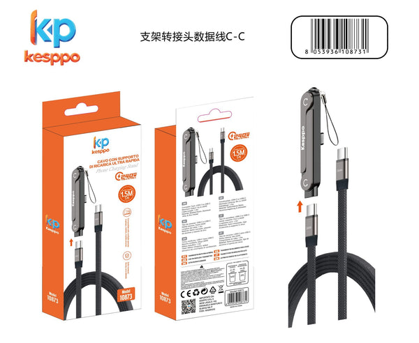Cavo di ricarica USB-C / USB-C 2 in 1 con supporto regolabile a 360° e adattatore staccabile
