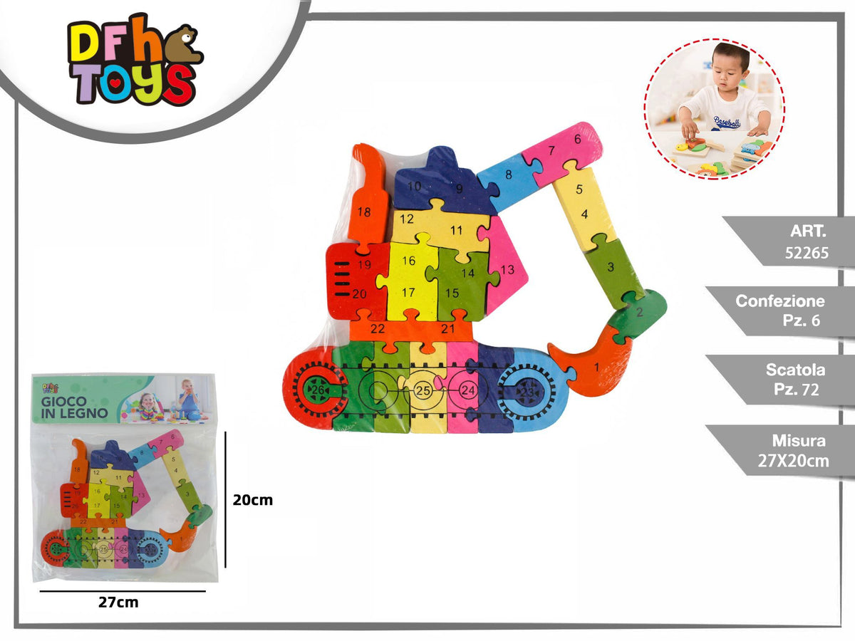 Puzzle in legno a forma di escavatore con numeri