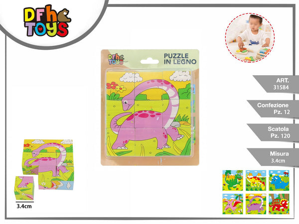 Puzzle a cubi in legno con dinosauri