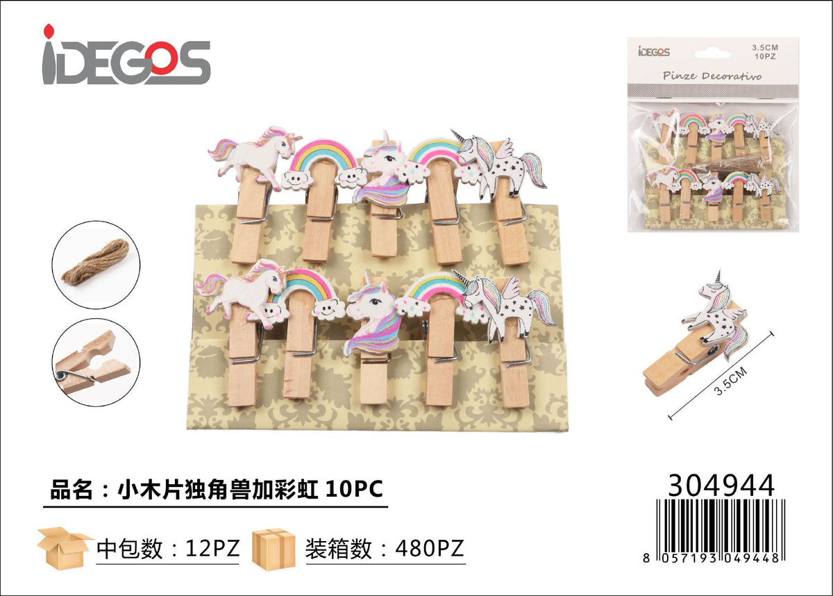 Set di 10 decorazioni in legno unicorno e arcobaleno