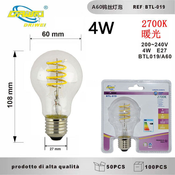 Lampadina decorativa a filamento — BTL-019, 4 W, 2700 K, E27