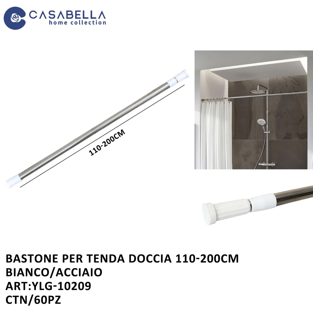 Bastone per Tenda Doccia 110-200 Bianco/acciaio