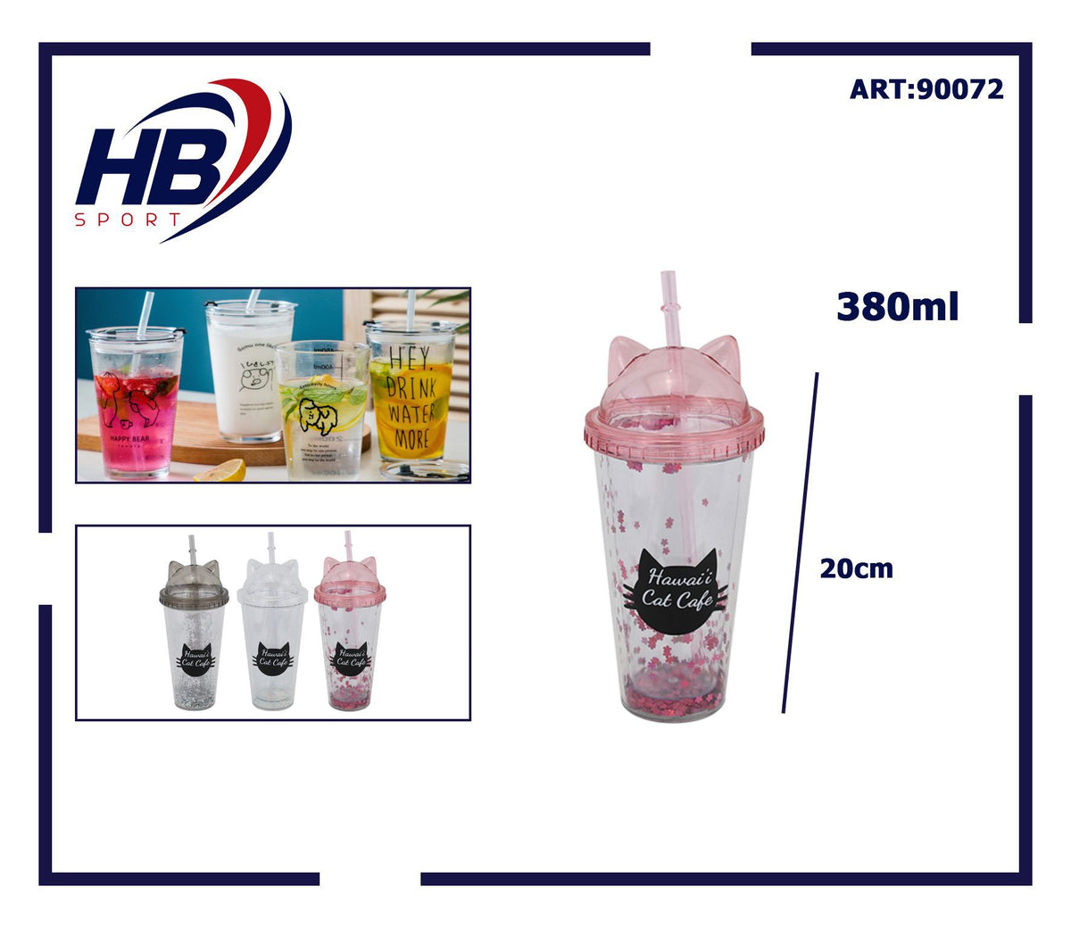 Bicchiere con cannuccia e coperchio con orecchie, 380 ml