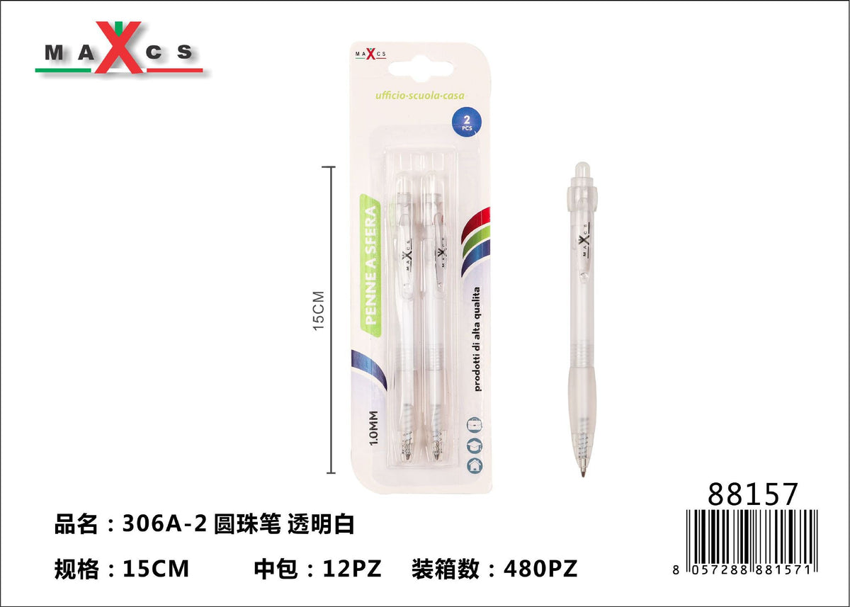 Penna a sfera 306A-2, bianco trasparente
