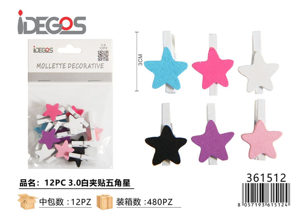 Mollette bianche con stelle colorate, 3 cm, 12 pezzi