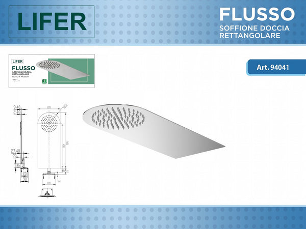 Soffione doccia FLUSSO 500 × 200 mm con estremità arrotondata