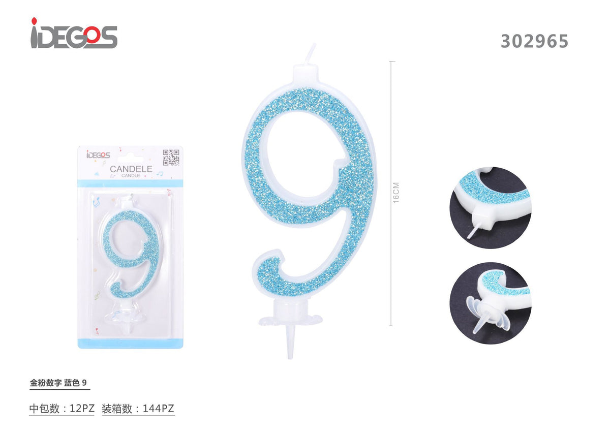 Candelina a numero 9, azzurro glitter