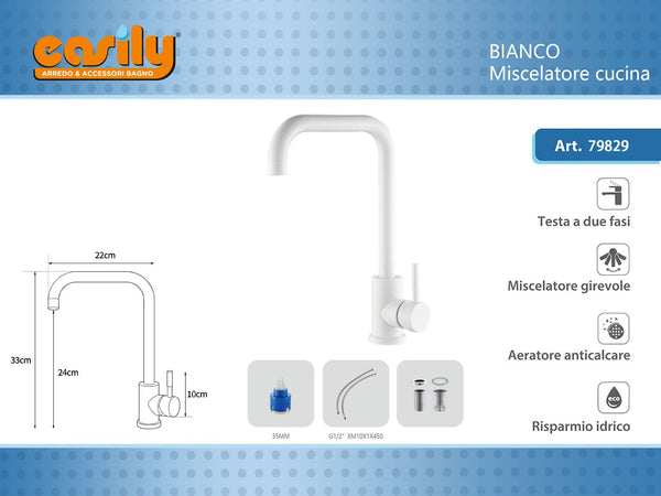 Miscelatore cucina bianco con corpo cilindrico, 33 o 36 cm