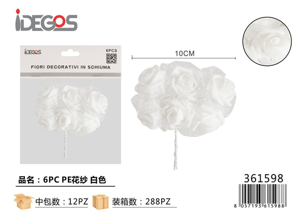Rose decorative in PE con velo, 6 pezzi