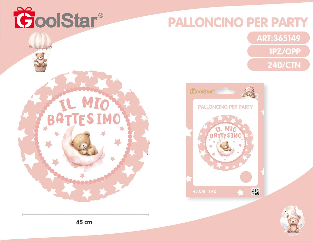 Palloncino in alluminio il mio battesimo, battesimo con orsetto rosa