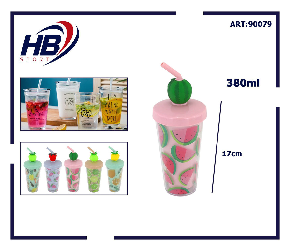 Bicchiere con cannuccia a tema frutta, 380 ml