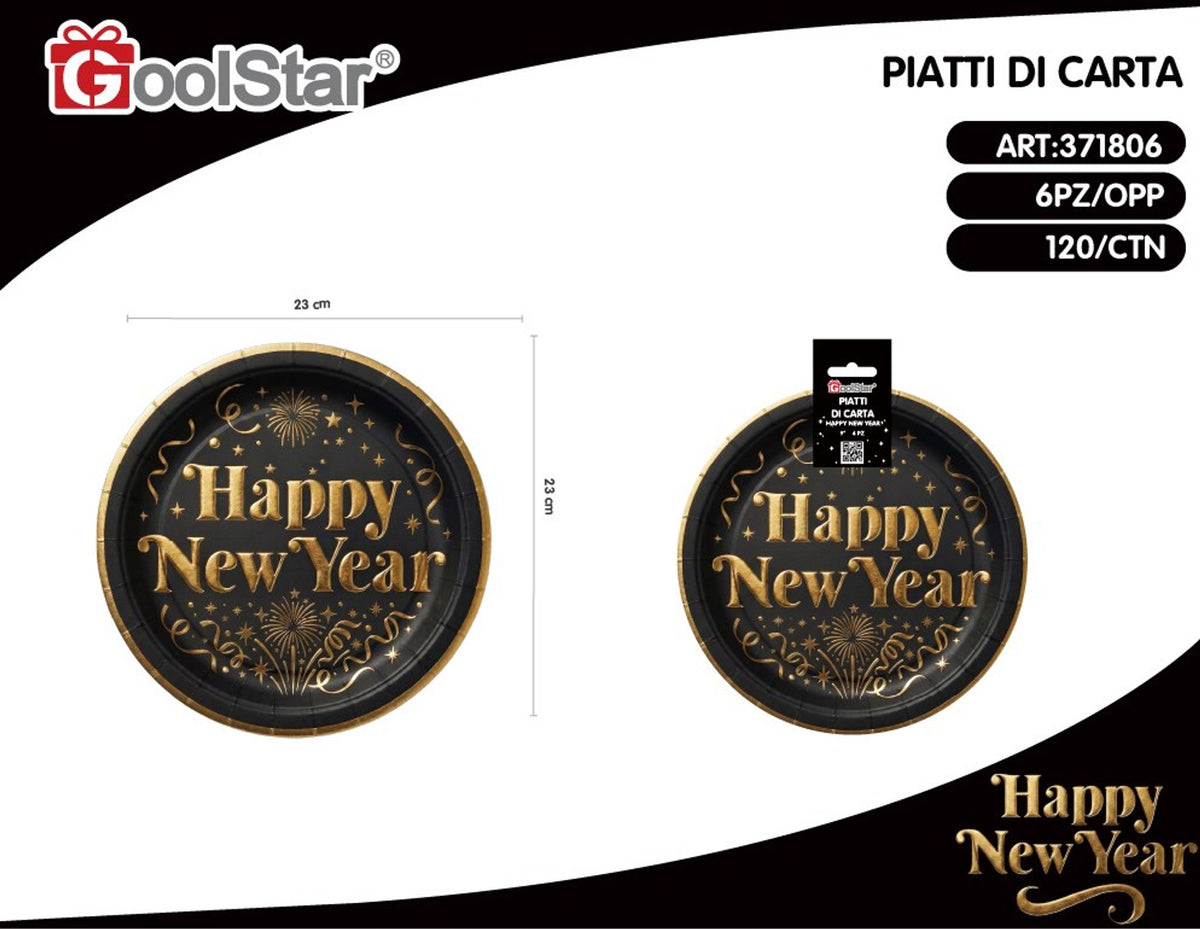 Piatti di carta Happy New Year neri e dorati, 6 pezzi