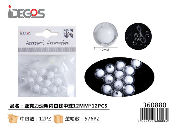 Set di 12 perline in acrilico trasparente con interno bianco, 12 mm