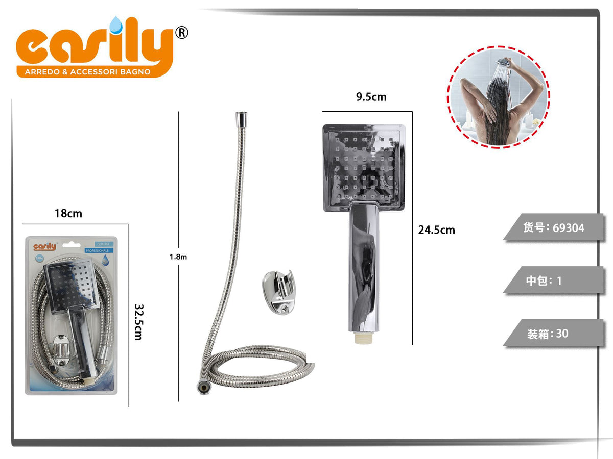 Kit doccetta quadrata con faccia color argento e flessibile 1,8 m