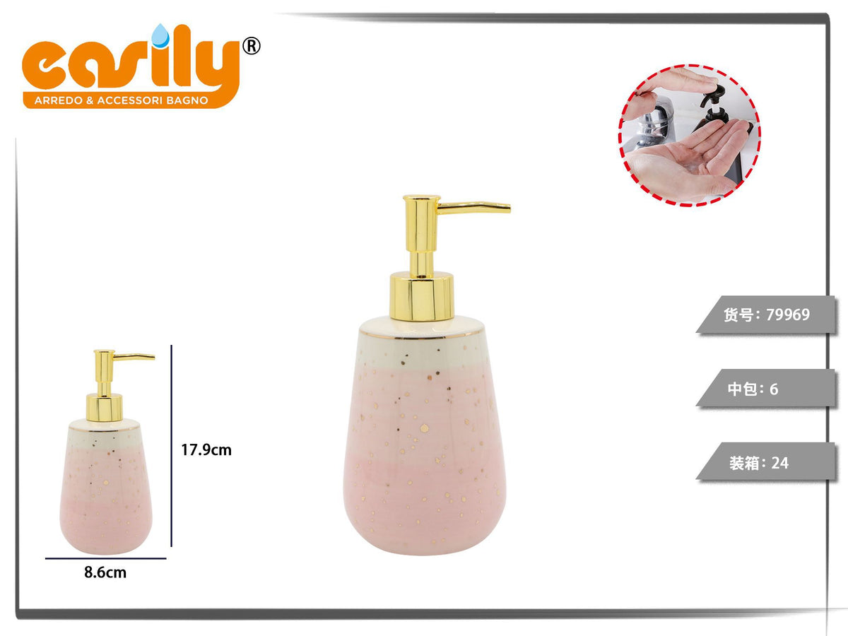 Dispenser sapone in ceramica rosa sfumata con pompa dorata