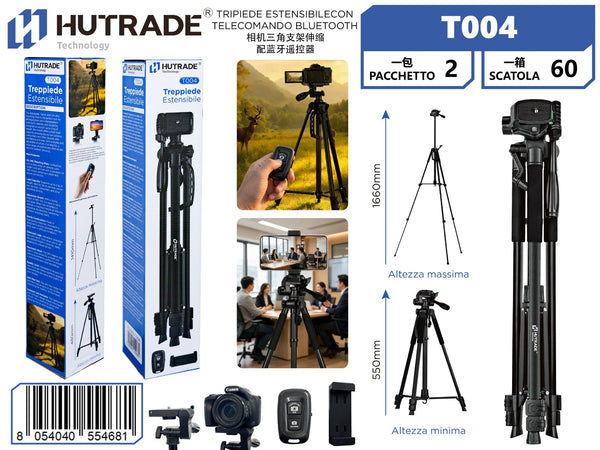 T004 TRIPIEDE ESTENSIBILE 480MM FINO A 1410MM CON TELECOMANDO BLUETOOTH