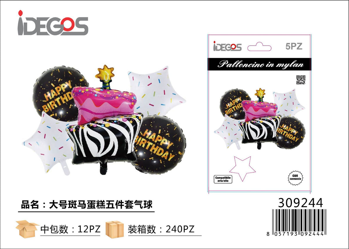 Set di palloncini in alluminio con torta zebrata, 5 pezzi