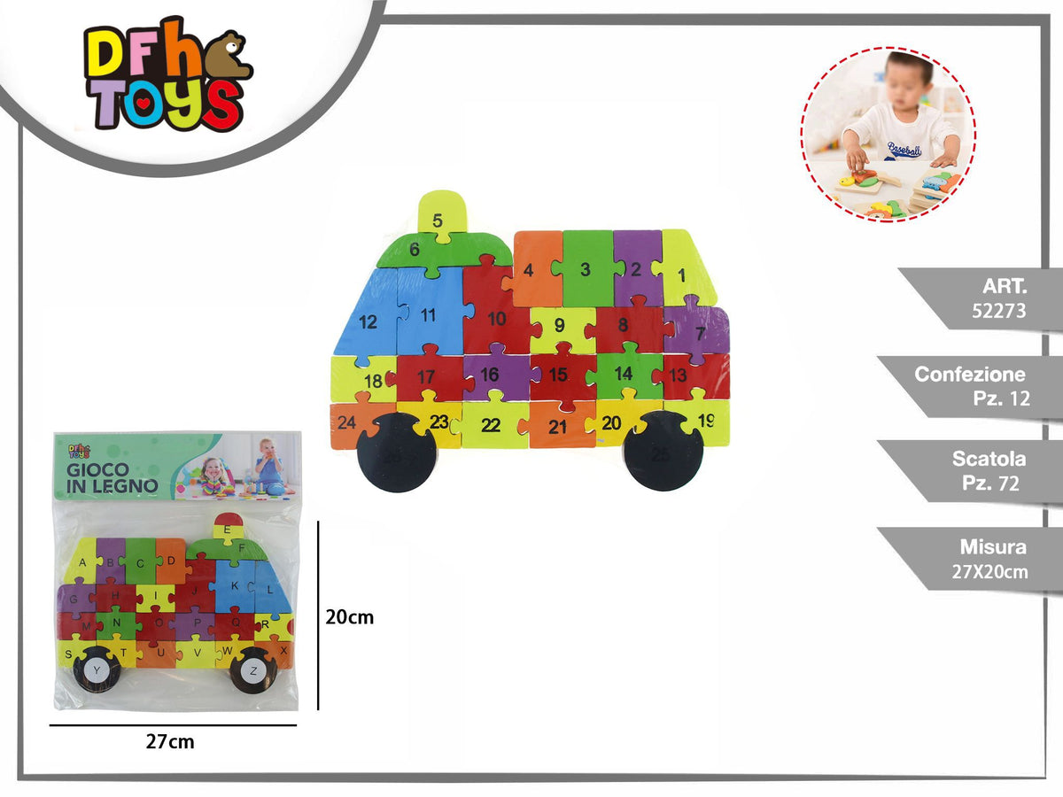 Puzzle in legno a camion con numeri e lettere