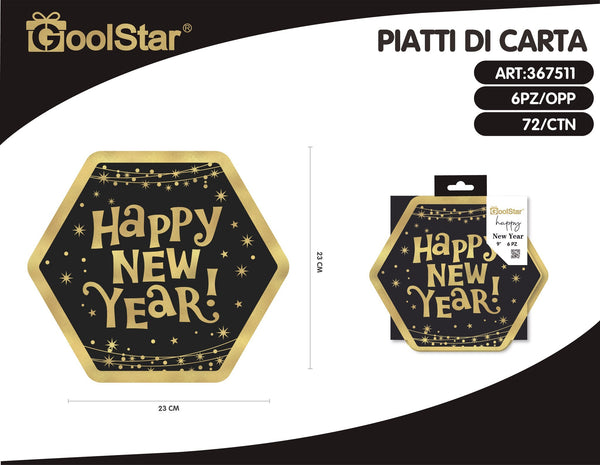 Piatti di carta esagonali Happy New Year 23 cm, 6 pezzi