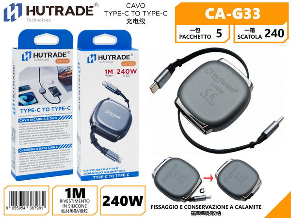 Cavo USB-C/USB-C retrattile HUTRADE CA-G33, 1 m, 240 W, nero