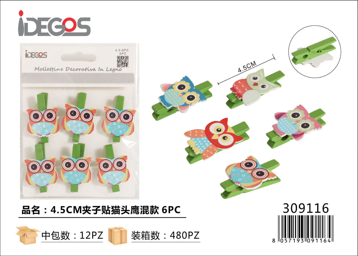 Set di 6 mollettine decorative in legno con gufi, 4,5 cm