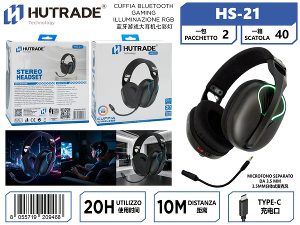 HS-21 CUFFIA BLUETOOTH GAMING ILLUMINAZIONE RGB NERO