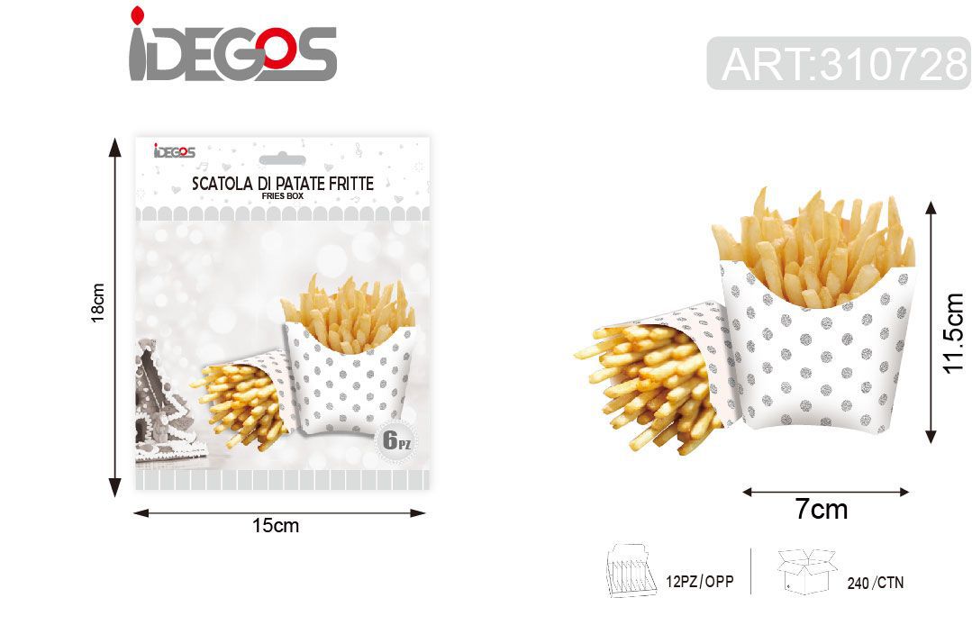 Contenitori in carta per patatine 6pz bianco con puntini argento