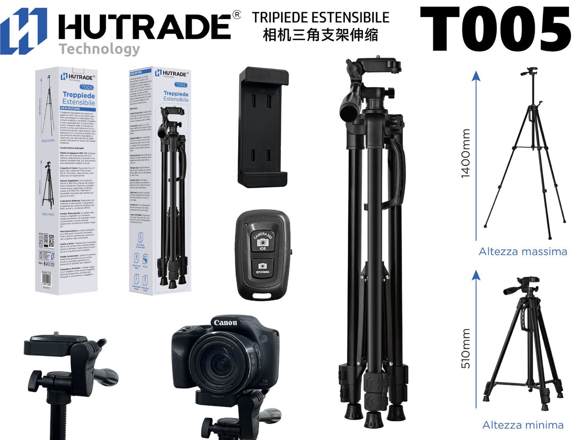 T005 TRIPIEDE ESTENSIBILE 510MM FINO A 1400MM CON TELECOMANDO BLUETOOTH