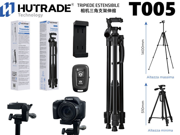 T005 TRIPIEDE ESTENSIBILE 510MM FINO A 1400MM CON TELECOMANDO BLUETOOTH
