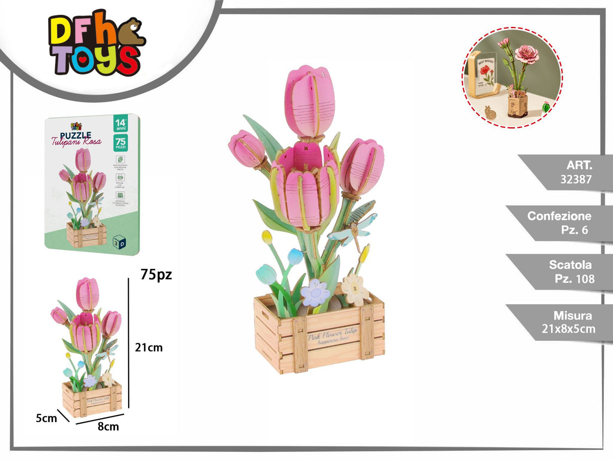 Puzzle 3D in legno Tulipani Rosa, 75 pezzi