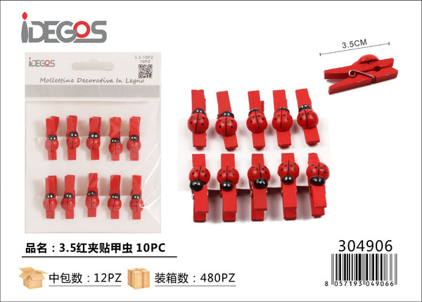 Mollette rosse con coccinelle, 3,5 cm, 10 pezzi