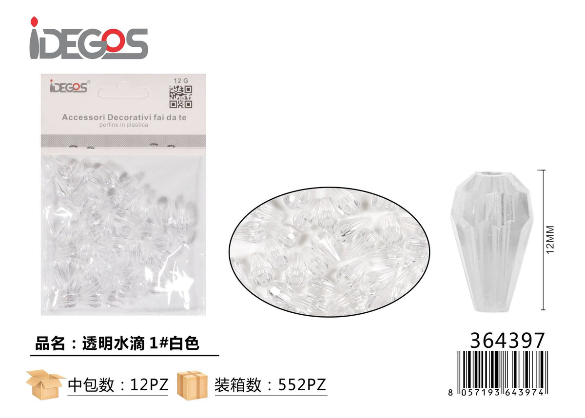 Perline trasparenti a goccia, bianco, 8 mm