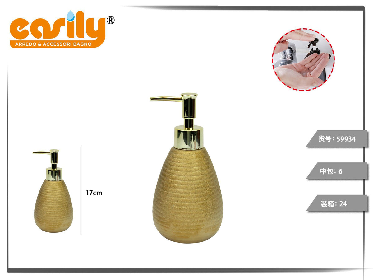 Dispenser sapone in ceramica a pera con rilievi orizzontali color oro