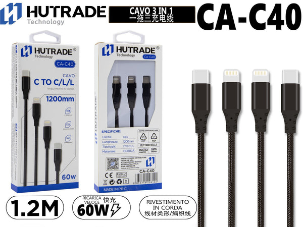 CA-C40 CAVO USB 3 IN 1 LIGHTNING/TYPE-C 1.2 METRI 60W