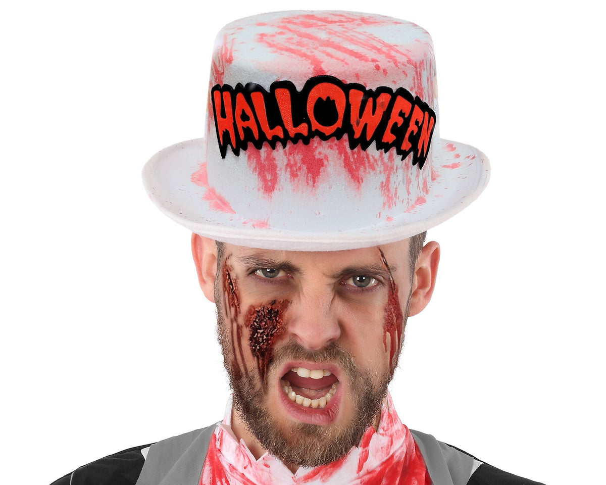 Cappello a cilindro Halloween bianco con macchie rosse