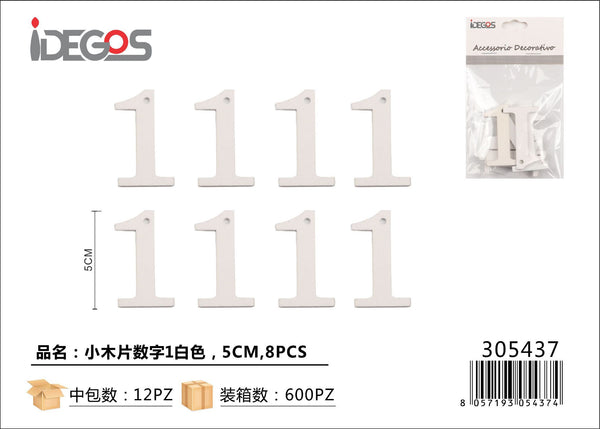 Set di 8 numeri decorativi in legno, bianco, 5 cm