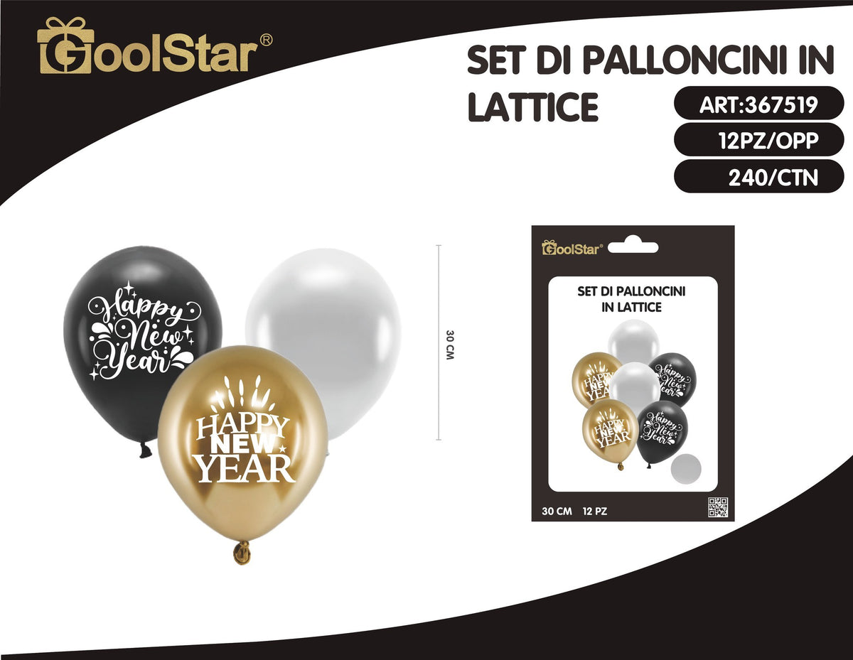 Palloncini in lattice Happy New Year, 30 cm, 12 pezzi