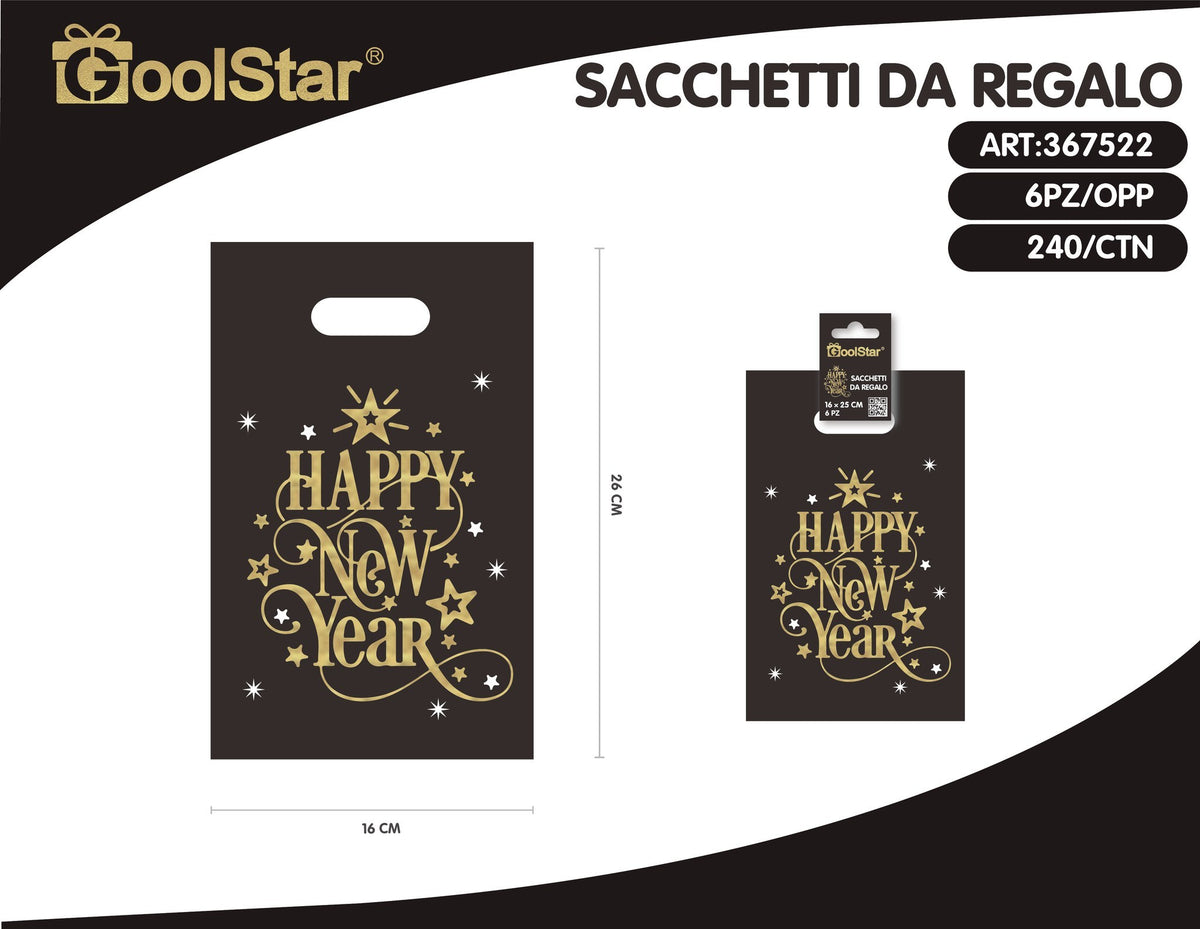 Sacchetti regalo Happy New Year neri e dorati, 6 pezzi