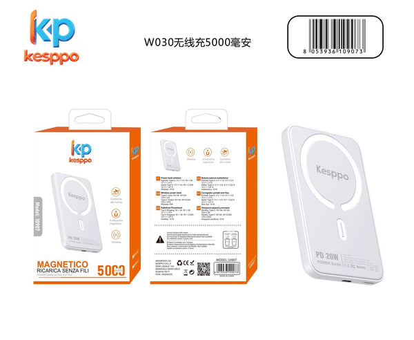 Power bank W030 da 5000 mAh con ricarica wireless magnetica e supporto