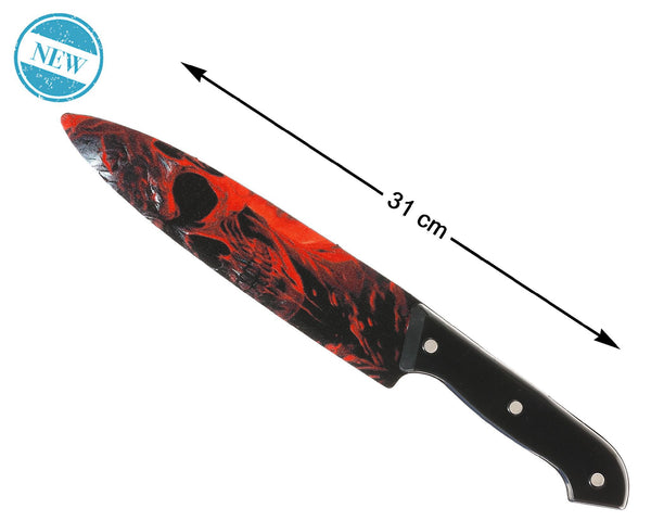 Coltello finto Halloween con teschi rossi, 31 cm