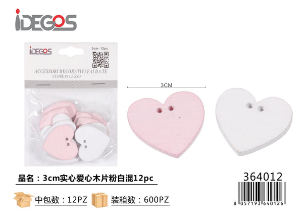 Set di 12 cuori pieni decorativi in legno, 3 cm