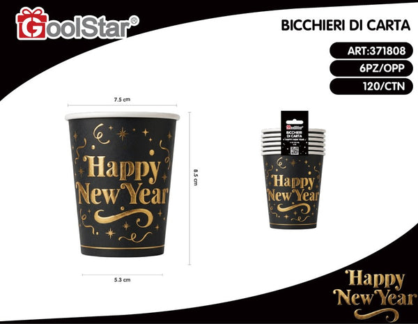 Bicchieri di carta Happy New Year neri e dorati, 6 pezzi